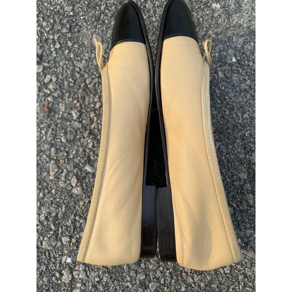 Authentic Chanel Lambskin Leather Ballet Flats EU 36 Two Tone Beige Black CC Tan
